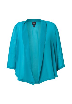 Kimono léger en teal avec des manches trois-quarts, design à ouverture frontale et texture lisse et fluide. Présente une coupe décontractée.