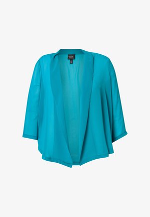 Kimono leggero in colore teal con maniche a tre quarti, design a apertura frontale e una consistenza liscia e fluida. Presenta una vestibilità comoda.