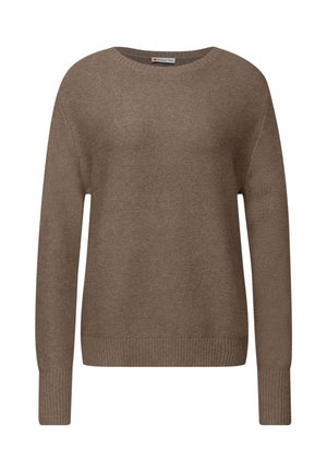 Hnědý pletený svetr s kulatým výstřihem, dlouhými rukávy a žebrovanými manžetami a lemem. Měkká textura s volným střihem.