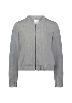 Grau Bomberjacke mit durchgehendem Reißverschluss, geripptem Bund und Bündchen, vertikalem Nadelstreifenmuster und runder Kragen.
