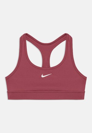 Sujetador deportivo Nike granate con diseño racerback y logo Swoosh blanco centrado en la parte delantera.