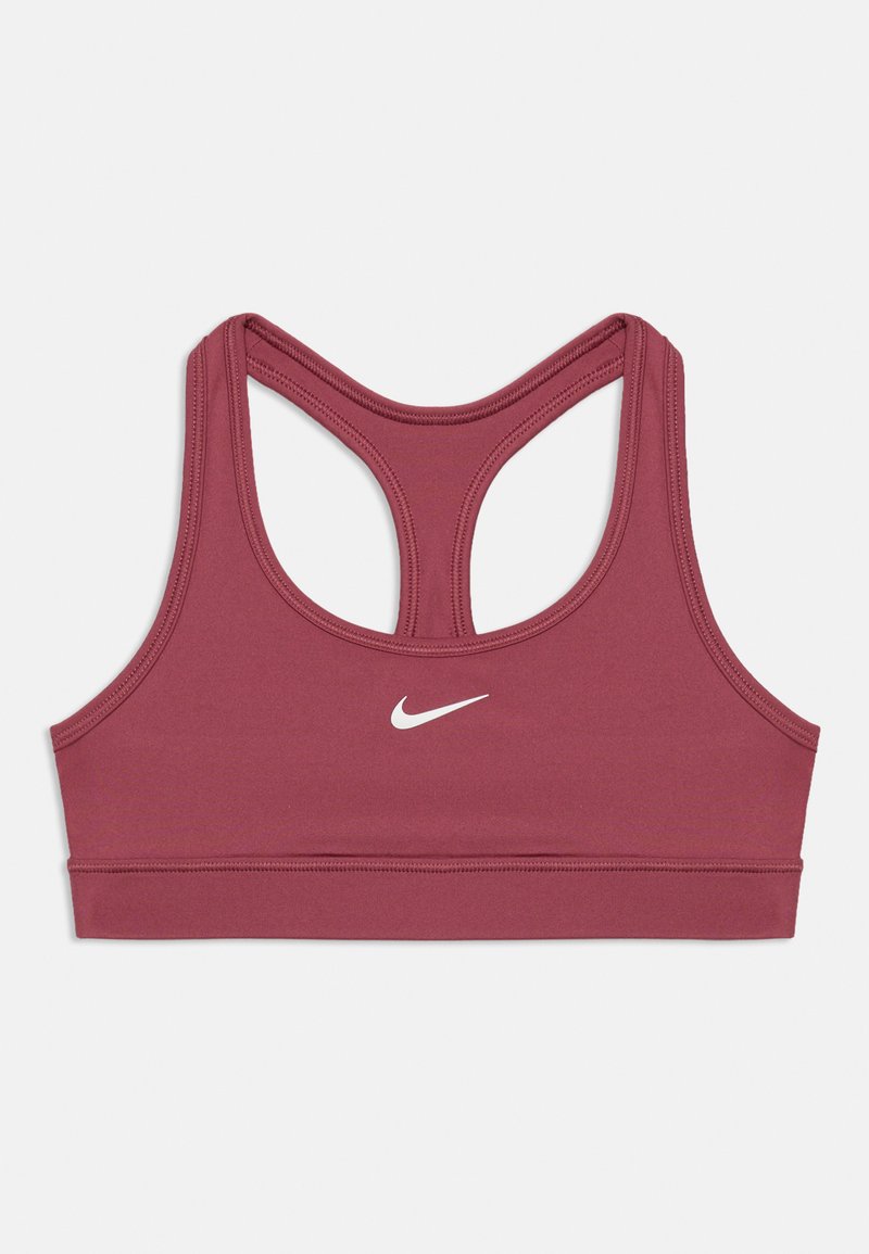 Бордо спортен сутиен Nike с дизайн тип "расач" и бяло лого Swoosh, позиционирано в центъра отпред.