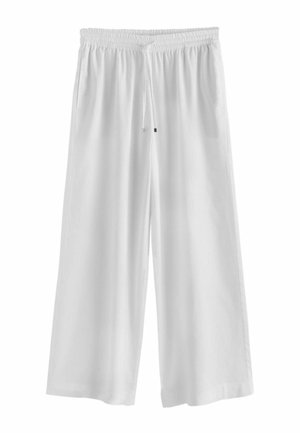 Pantalon blanc ample avec taille élastique et cordon, en tissu léger, présenté sur un fond blanc uni.