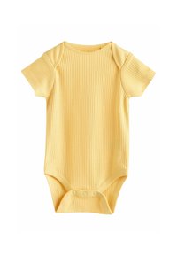 Kortärmad, gul ribbad bodysuit med rund halsringning och tryckknappsstängning i botten för enkel påklädning. Mjuk bomullstextur.