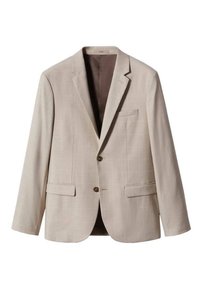 Licht beige buitenblazer met een subtiel ruitpatroon, twee voorzakken, een borstzak en bruine knopen. Soepele textuur en getailleerde vorm.