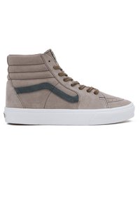 Sneaker alte in suede grigio chiaro con una striscia testurizzata grigio scuro e lacci marroni. Presentano una suola in gomma bianca e un colletto imbottito.