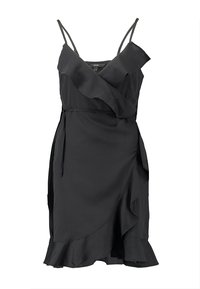 Svart klänning med spagettiband, rynkad halsringning, inlindad design och en utsvängd fåll. Tillverkad av ett mjukt tyg.