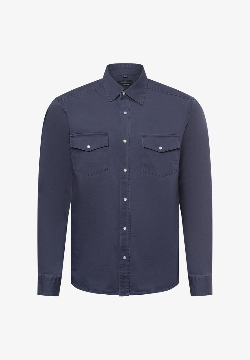 Donkerblauwe lange mouwshirt van katoen, met een button-down kraag, twee borstzakken en zilverkleurige drukknopen. Gladde textuur.