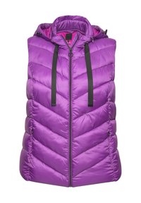 Pettorina viola a piumino con motivo a zigzag, cappuccio, chiusura frontale con zip e spallacci neri regolabili. Tessuto esterno liscio e lucido.