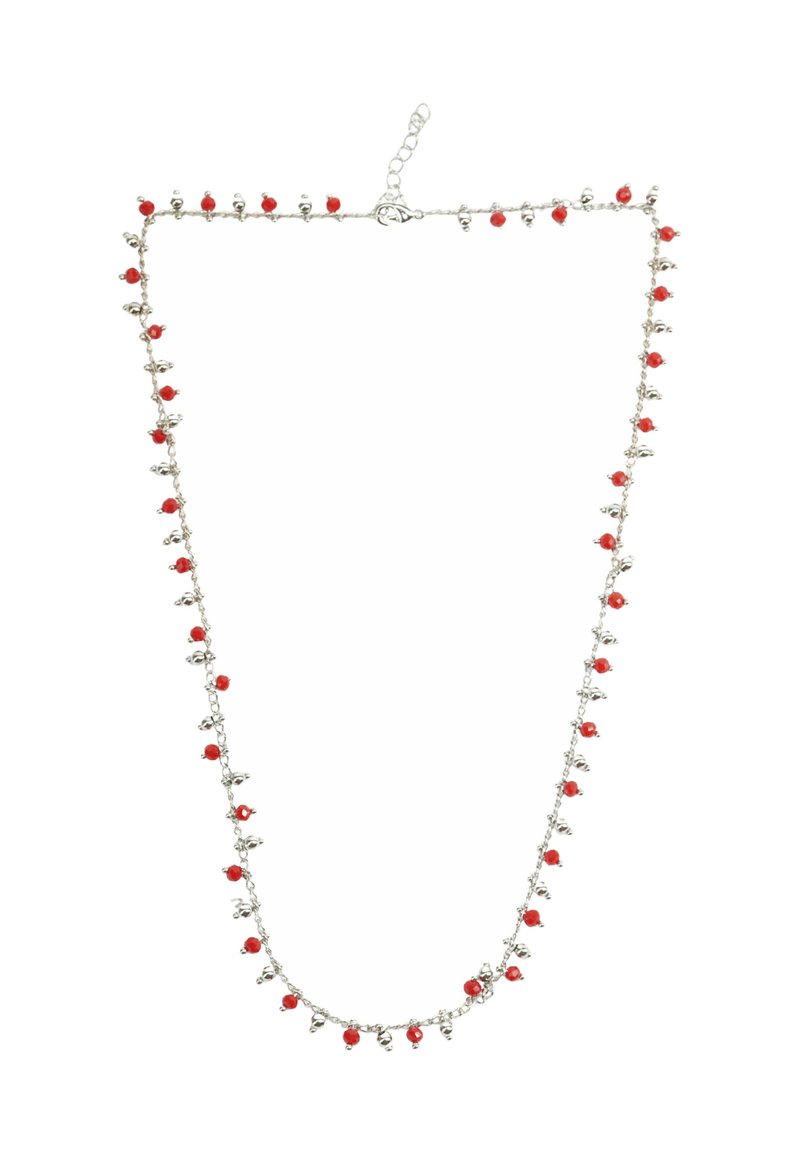 Collana in argento con perline rosse, delicati accenti floreali e una chiusura regolabile per variare la lunghezza.