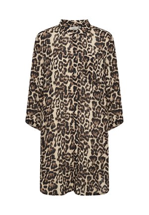 Šaty košeľového strihu s leopardím vzorom v béžovej a čiernej farbe, s golierom, dlhými rukávmi, náprsním vreckom a predným zapínaním na gombíky.