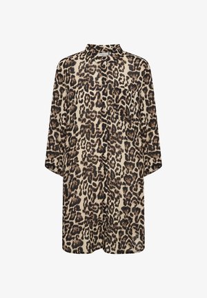 Leopard print shirt dress in beige and black, featuring a collar, long sleeves, a chest pocket, and front button closure.
