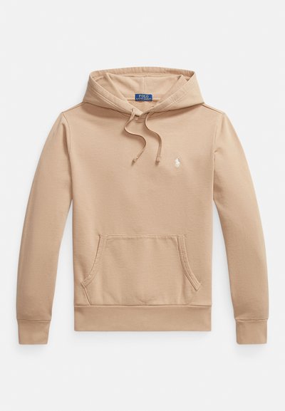 Beige hoodie made of soft cotton blend, featuring a front pouch pocket, drawstring hood, and small embroidered logo on the chest.
