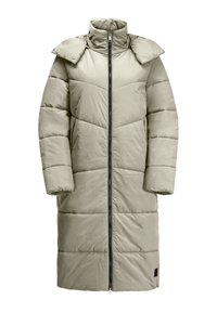 Cappotto imbottito lungo, di un verde chiaro, con colletto alto, zip frontale completa e motivo di cuciture a zig-zag. Presenta bottoni a pressione sul colletto.