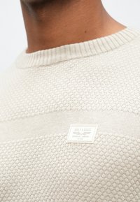 Beige strikkegenser med teksturert mønster, ribbestrikket hals og en logolapp med teksten "ONLY & SONS" i et rektangulært design.