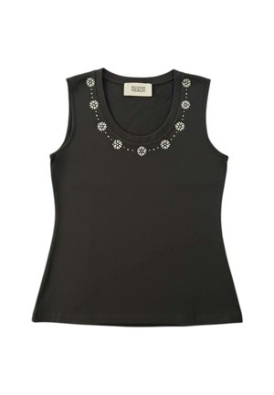 Top nero senza maniche con scollatura rotonda, decorato con piccoli motivi floreali bianchi lungo il colletto.