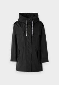 Parka imperméable noire avec capuche, dotée de deux poches avant, de cordons de serrage ajustables et d'une coupe droite.