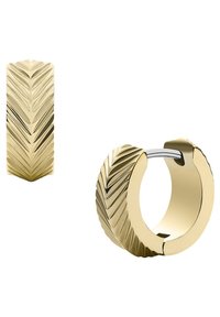 Goldfarbene Creolen mit einem Chevron-Muster. In einer strukturierten Oberfläche präsentiert; auf der rechten Seite im Hoop-Stil und auf der linken Seite im rechteckigen Design.