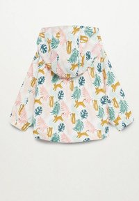 Lättviktsjacka med huva i pastellfärger med ett tropiskt blad- och djurtryck. Tillverkad av vattenavvisande material med elastiska mudd.