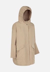Giacca beige, leggera, con cappuccio regolabile, chiusure a pressione e due grandi tasche frontali. Presenta una vestibilità ampia e un design di lunghezza media.