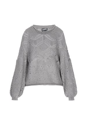 Suéter de lana gris con un patrón geométrico, mangas largas tipo globo y cuello redondeado. Texturizado con detalles de calado.