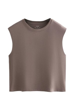 Brązowy krótki top bez rękawów z okrągłym dekoltem, wykonany z miękkiego materiału, ułożony na płasko na białym tle.