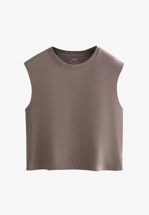 Hihaton ruskea lyhyt toppi, jossa pyöreä pääntie, valmistettu pehmeästä kankaasta, esillä tasaisesti valkoisella taustalla.