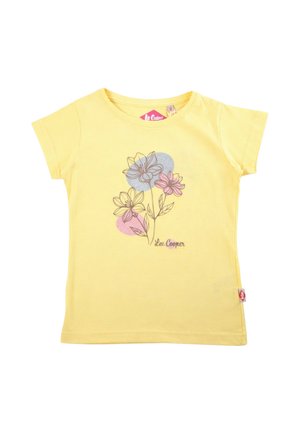 T-shirt jaune à manches courtes pour fille avec des fleurs en contour et des formes colorées en rose et bleu, logo "Lee Cooper" sous le motif floral.