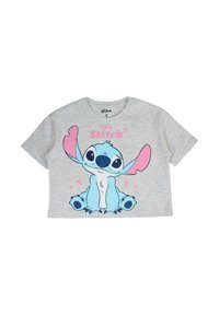 T-shirt gris coupé en coton avec un personnage de dessin animé bleu et des accents roses. Le design à l'avant comprend des cœurs et le texte "Disney Stitch".