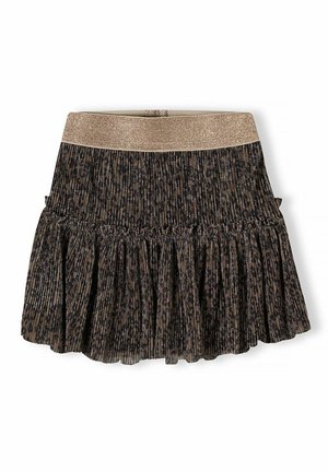 Jupe plissée noire et dorée avec une taille élastique. Elle présente un motif léopard et des volants superposés près de l'ourlet.
