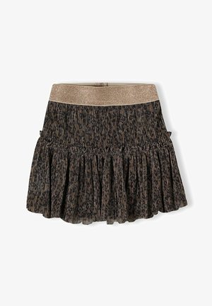 Fekete és arany, redőzött szoknya rugalmas derékkal. Leopárdmintás és réteges fodrokkal díszített az alján.