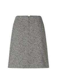 Zwart-witte tweed mini-rok met een rechte snit, textuurstof en een ritssluiting aan de achterkant. Gladde afwerking, geen zichtbare patronen.