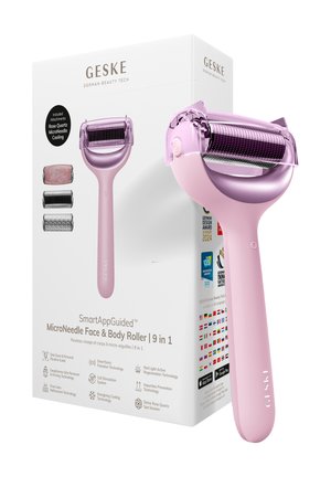 Roze micronaald gezicht- en lichaamsroller met drie verwisselbare opzetstukken, getoond naast witte productverpakking met technische eigenschappen.