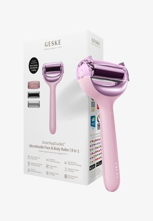 Rouleau visage et corps rose à microneedles avec trois embouts interchangeables, présenté à côté d’un emballage produit blanc avec caractéristiques techniques.