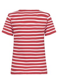 Raudonai ir baltai dryžuota trumpa rankovė t-shirt su apvaliu iškirpimu; banguota tekstūra ir laisvas siluetas. Atliktas vaizdas iš nugaros rodo vienodą dryžių raštą.