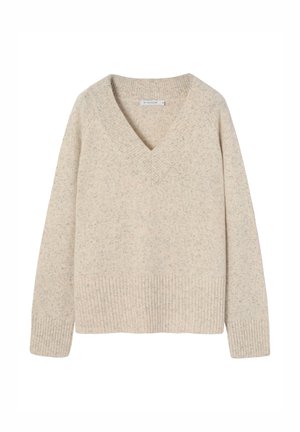 Pulover bej cu decolteu în V, dintr-un tricot texturat, cu margini și manșete ondulate. Prezintă un model subtil cu puncte pe întreaga suprafață. Material moale, țesut.