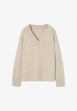 Maglione beige a V con un knit testurizzato, orlo e polsini a coste. Presenta un sottile motivo maculato su tutta la superficie. Tessuto morbido e tessuto.