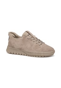 Sneaker in suede beige con design stringato, punta rotonda e suola in gomma testurizzata. Caratterizzato da un colletto imbottito e accenti minimal.