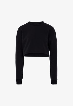 Schwarzer, kürzerer Sweatshirt aus weichem Stoff, mit langen Ärmeln, Rundhalsausschnitt und gerippten Bündchen. Keine Muster oder Akzente vorhanden.