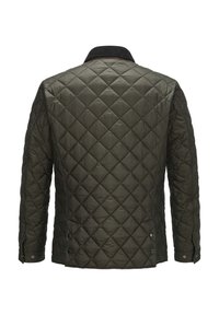 Steppjacke aus dunkelolivgrünem Stoff mit strukturierter Oberfläche. Verfügt über einen Kragen und Knopfakzente an den Manschetten und an der Seite.