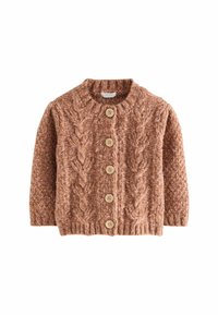 Sweter we wzór w warkocze w kolorze wypalanej pomarańczy z okrągłym dekoltem. Posiada pięć drewnianych guzików z przodu oraz ściągacze na dole i przy mankietach.