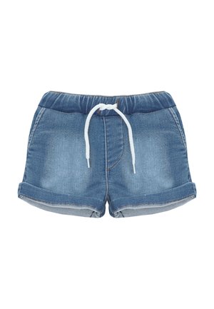 Pantalones cortos vaqueros azules con cintura elástica y cordón blanco, bajos remangados y bolsillos laterales.