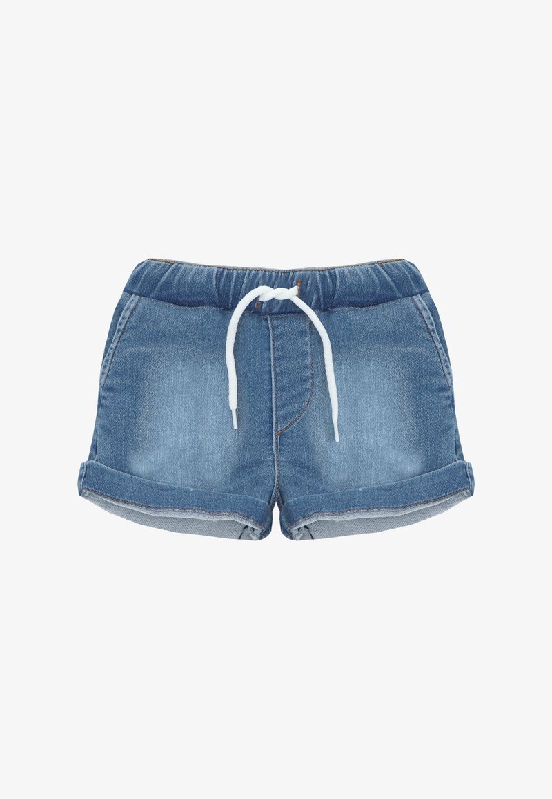 Pantalones cortos vaqueros azules con cintura elástica y cordón blanco, bajos remangados y bolsillos laterales.