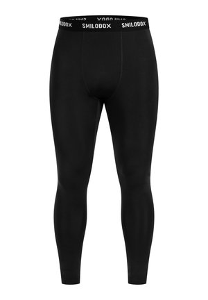 Leggings sportivi neri con un design aderente, vita elastica con il testo bianco "SMILODOX", texture liscia, adatti per l'abbigliamento sportivo.