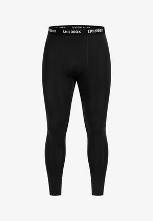 Schwarze Sportleggings mit enger Passform, elastischem Bund und weißem "SMILODOX"-Text, glatte Textur, geeignet für Sportbekleidung.