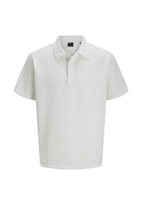 Hvid polo shirt lavet af tekstureret stof, med en sammenfoldet krave, korte ærmer og en placket med to knapper.
