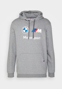 Sudadera con capucha gris de mezcla de algodón, con los logotipos de BMW y M Motorsport en blanco y detalles en color, con bolsillo tipo canguro y capucha con cordón.