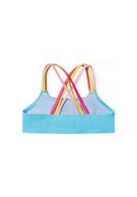 Bra sportivo azzurro con fasce incrociate colorate in rosa, giallo e verde. Presenta una texture liscia e un design fitted elasticizzato.