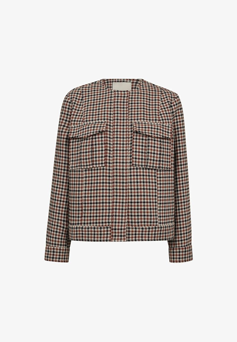 Károvaná bunda s houndstooth vzorem v červené, černé a bílé barvě. Disponuje dvěma náprsními kapsami a rovným lemem. Texturovaná tkanina.