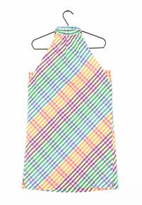 Robe à encolure halter avec un motif à carreaux multicolores en orange, violet, vert et bleu. Fabriquée en tissu léger, elle dispose d'un lien au dos.